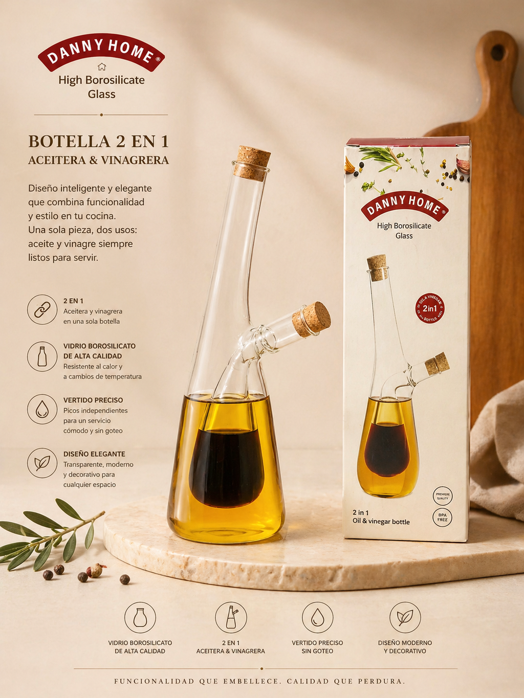 aceitero 2 en 1 Asthetic para poner vinagre y aceite 
Son 2 espacios en una sola botella 260 ML