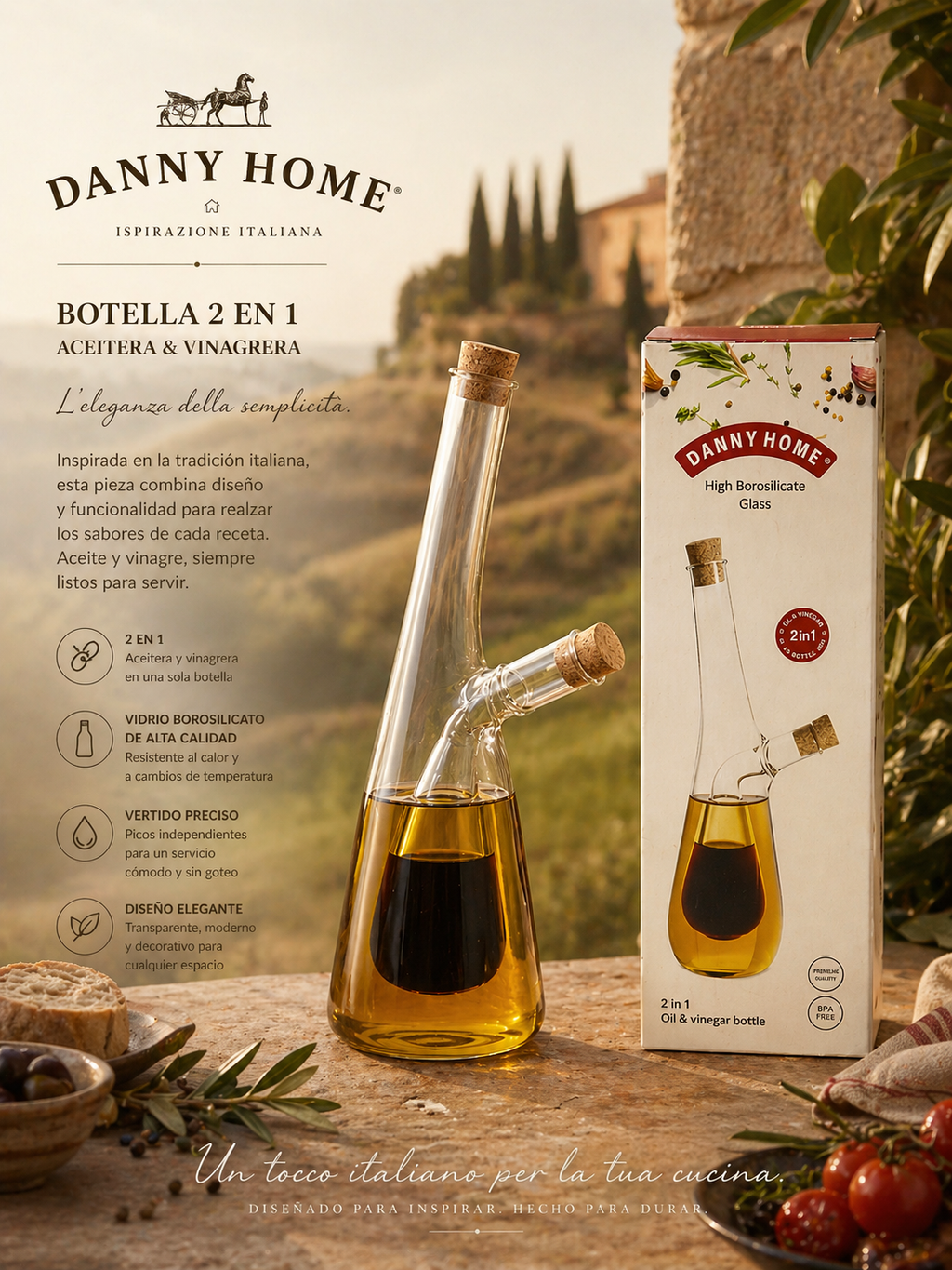 aceitero 2 en 1 Asthetic para poner vinagre y aceite 
Son 2 espacios en una sola botella 260 ML